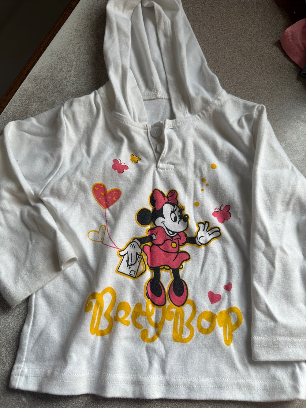 Minnie Mouse White Hooded Kids Top - Playful Pink & Yellow Design